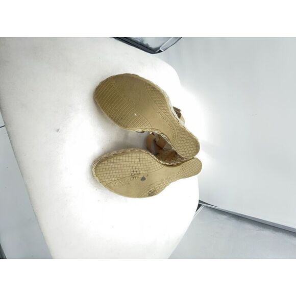 Stuart Weitzman Espadrilles Wedge Heels 5.5M Tan Gold Leather T-Strap Huarache - Picture 9 of 10
